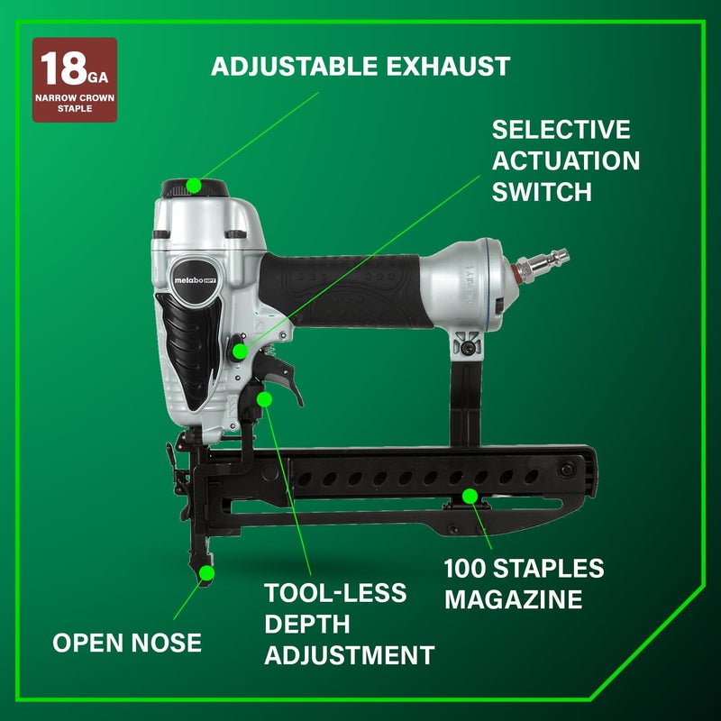 Metabo HPT Narrow Crown Stapler, Pro-Preferred Pneumatic Power Nailers, Finish Stapler for Furniture & Cabinetry, Lightweight Trim Tool, Ergonomic Design, 18 Gauge, 1/2â€³ to 1-1/2â€³ Staples, N3804AB3 - Image 4